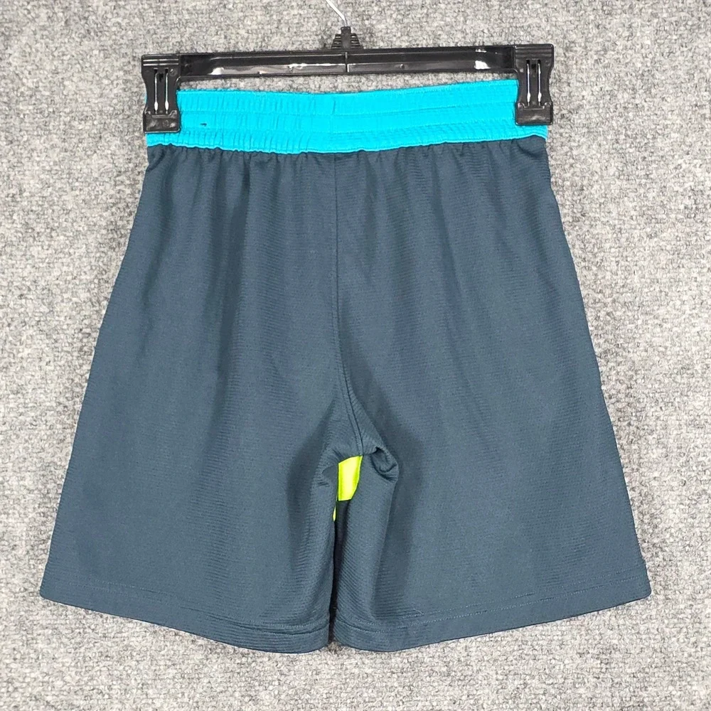 Nike YOUTH Boys Medium Basketball Shorts Navy Teal Big Neon Yellow Swoosh